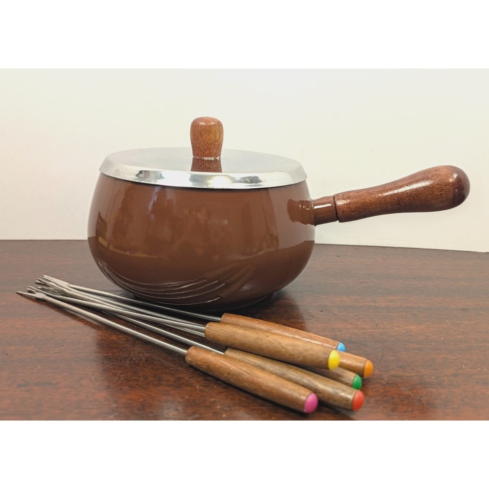 Vintage 1970s Brown Enamel Fondue Pot 6 Color Coded Forks Wood Handles Retro